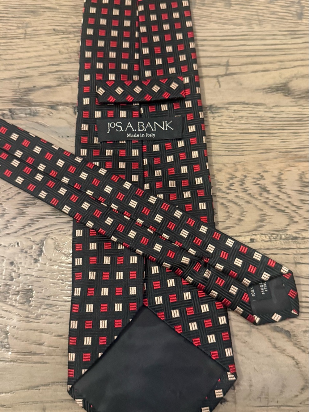 Jos. A. Bank Black Tie with Red and Cream Square Pattern
